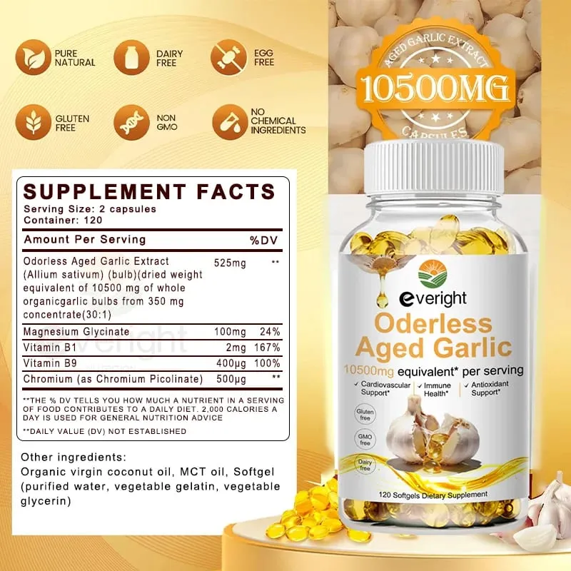 Aged Garlic Extract Capsules Odorless with Magnesium Chromium B1 & B9 Support Immune Heart Cardiovascular Health Supplement — image 6