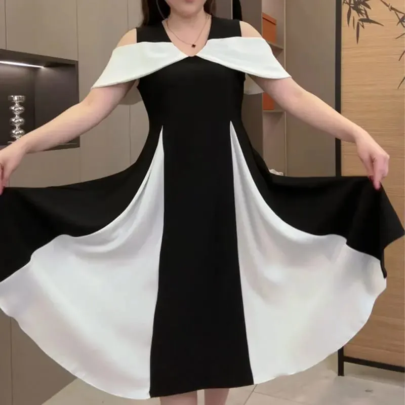 Elegant V-Neck Off Shoulder Midi Dress Summer Stylish Patchwork Women's Clothing A-Line Waist Commute Short Sleeve Basic Dresses — image 3