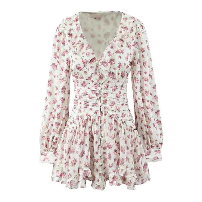 Boho Floral Print Ruffle Mini Dress Women Front Button Long Sleeve V Neck Spring Dresses 2025 Holiday Robe Short Vestidos — image 4