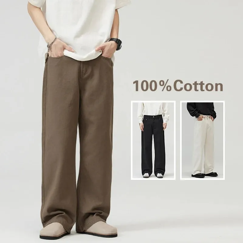 100% Cotton Men's Baggy Straight Jeans Comfortable Soft Casual Pants Fashion Korean White Brown Denim Trousers Male Clothing — image 1