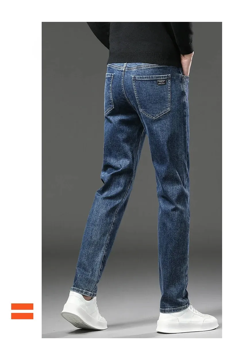 Winter Fleece Thick Warm Jeans Men's Slim Straight Elastic Denim Pants Casual Male Clothing Fashion Plush Trousers — image 9