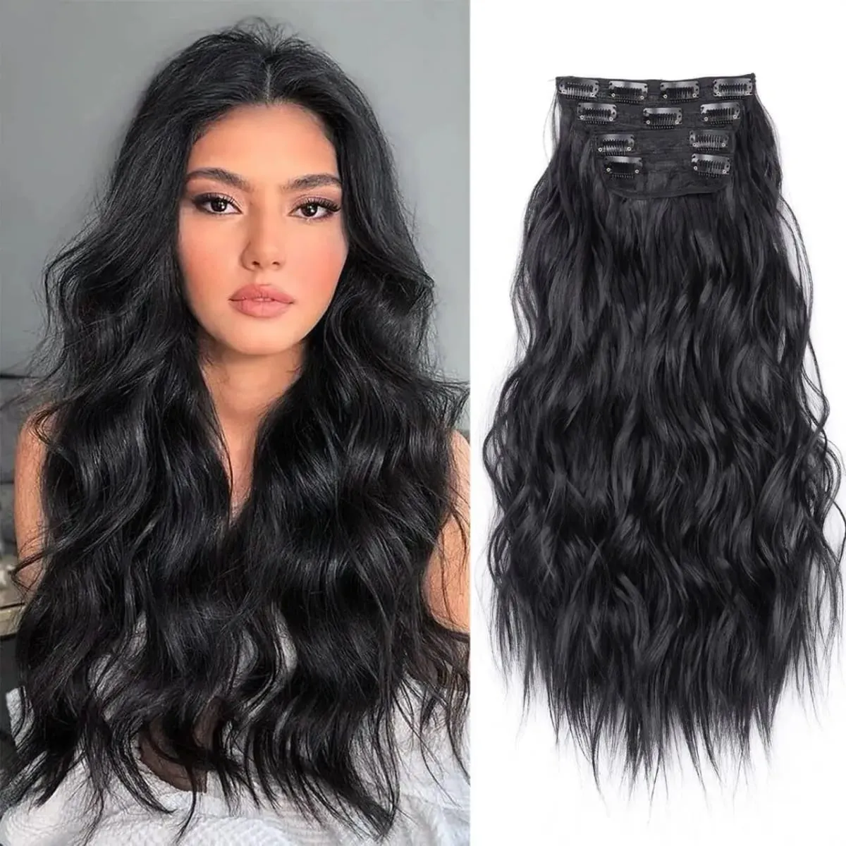 linwan Clip In Hair Extensions 4 PCS Full Head 20 Inch Long Curly Wavy Synthetic Hair Pieces Natural Wavy For Women Girls Hair — image 8