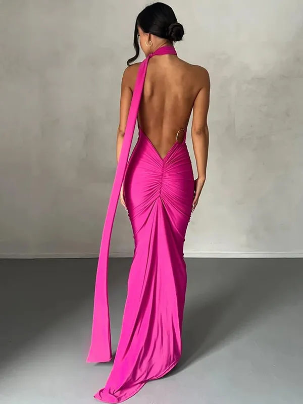 Hugcitar One Shoulder Backless Adjustable Scarf Loop Ruched Sexy Maxi Dress Women Elegant Y2K Streetwear Festival Outfit — image 14