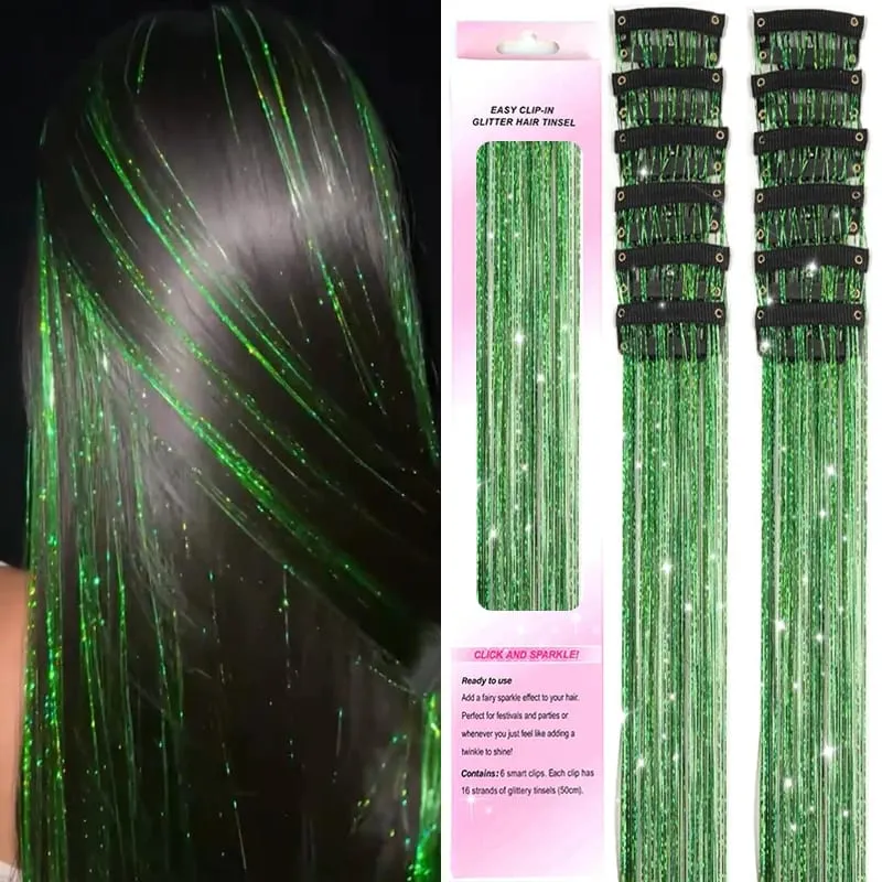 12Pcs Purple Clip in Tinsel Hair Extensions Hairpiece Colored Hair Tinsel Kit Party Highlights Hair Accessories for Women&Kids