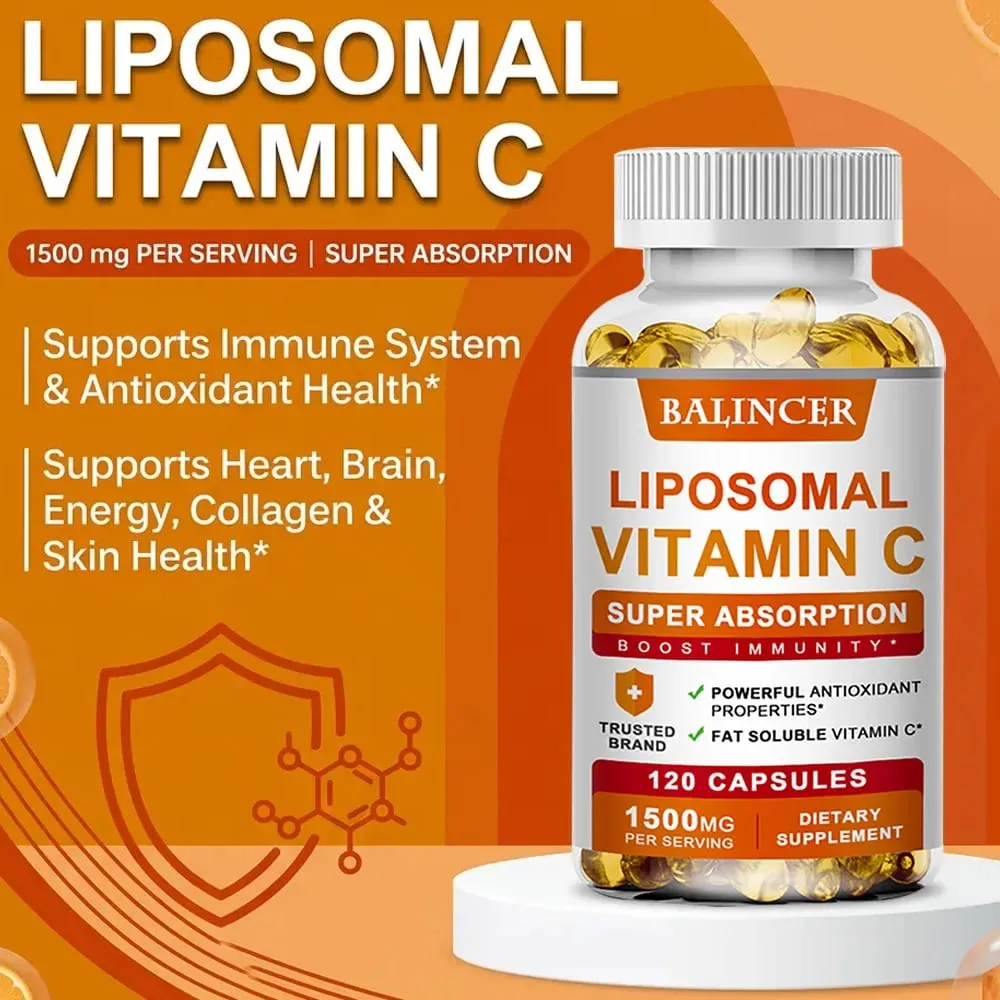 Vitamina C lipossomal 1500 mg de alta absorção, ácido ascórbico solúvel em gordura, suporte imunológico, reforço de colágeno e suplemento antioxidante