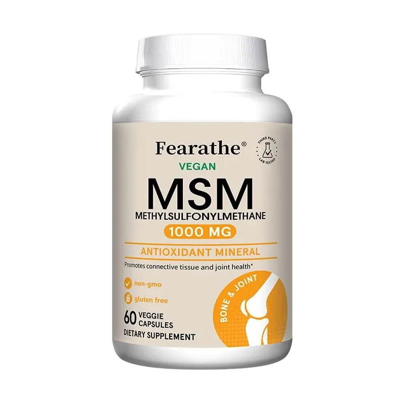 Fearathe Methylsulfonylmethane(MSM) 1000 مجم مضاد للأكسدة يعزز صحة المفاصل، امتصاص متوازن للكالسيوم، غير معدّل وراثيًا، خالي من الغلوتين