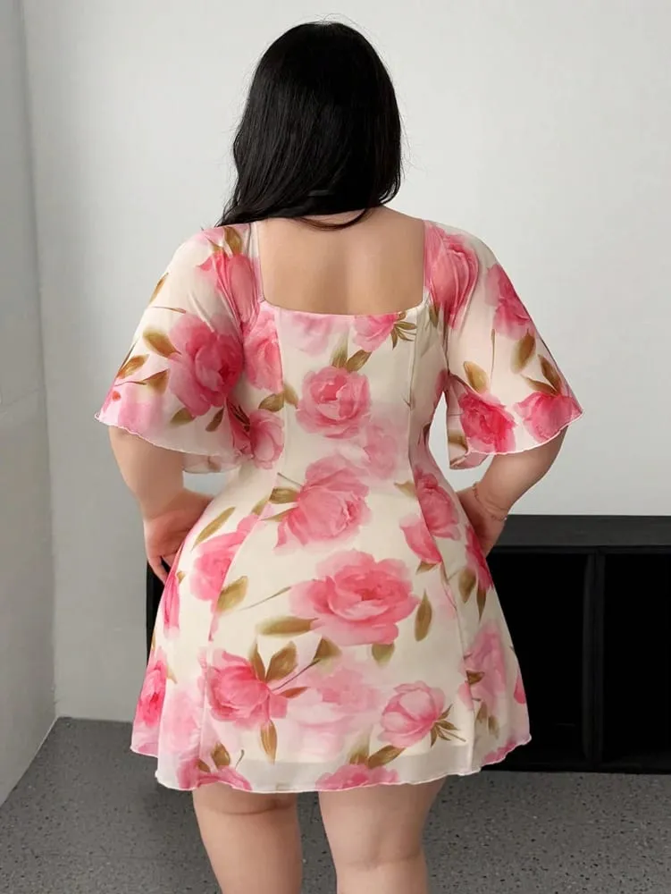 Plus Size Romantic Floral Pink Yellow Ruffle Sleeve Dress Short Sleeve V Neck Waistband Fitted Tiered — image 2