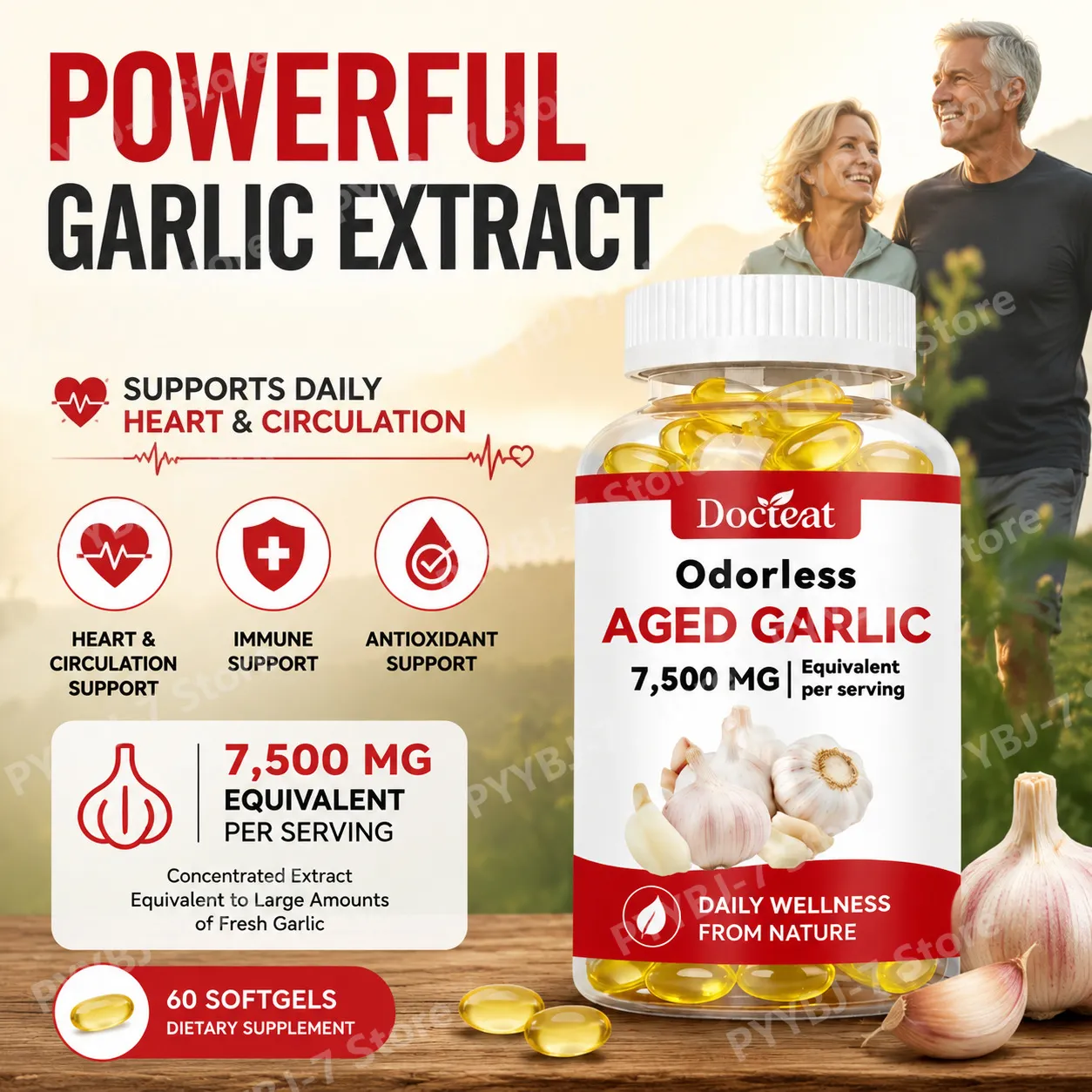 Lugtfri lagret hvidløgsekstrakt 7500mg 60 Softgels Ajo Envejecido Supplement Antioxidant & Immunstøtte Daglige hvidløgssoftgels — image 1
