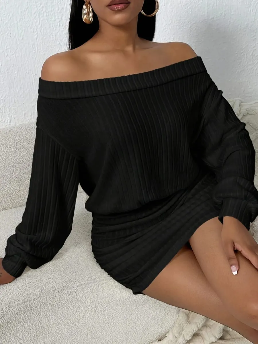 Vestido de malha de manga comprida multifuncional casual de um ombro — image 4