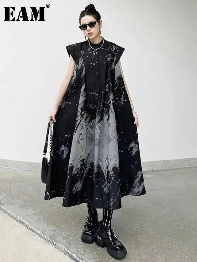 EAM Women Black Pattern Printed Big Size Midi Shirt Dress New Stand Collar Sleeveless Fashion Tide Autumn 2026 1DH5837 — image 2