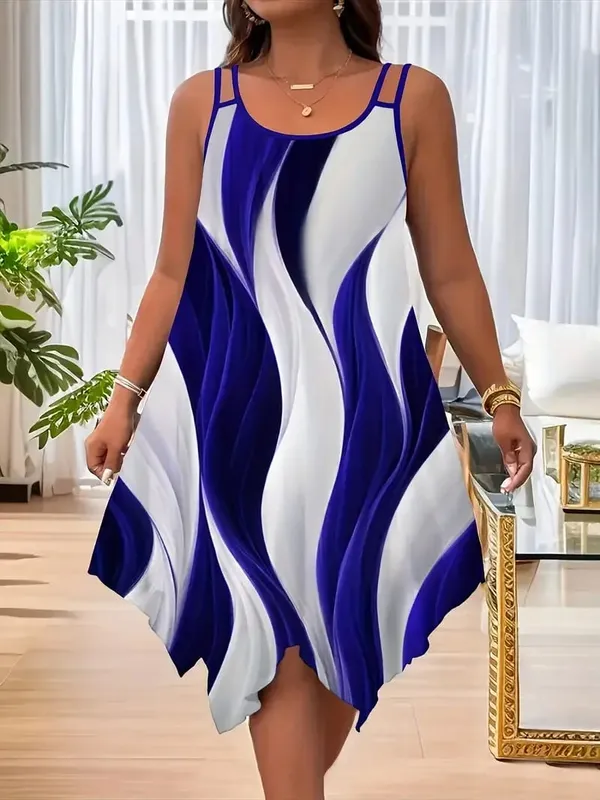 Plus-size women's fashion asymmetrical geometric stripes printed double strap dress — image 7