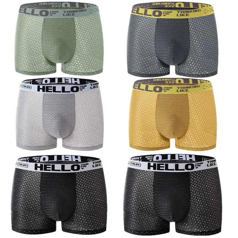6 bitar av mesh Ice Silk boxningsshorts för herrunderkläder Andas sexig slim fit och sömlösa platta hörnbyxor stor storlek