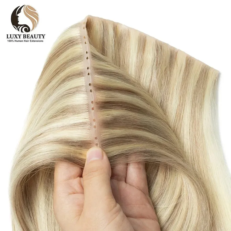 Blonde injected Hole Weft Human Hair Extensions Straight Twin Tab Butterfly Weft Natural Invisible Brown Hole Weft Extensions