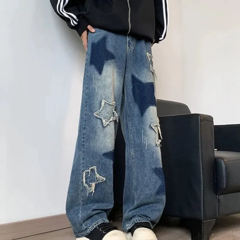 Jeans Men Straight Star Embroidery Patchwork Autumn Jeans Uomo Wide Leg Hip-hop Fashion Youth Neutral Streetwear Denim Trousers — image 3
