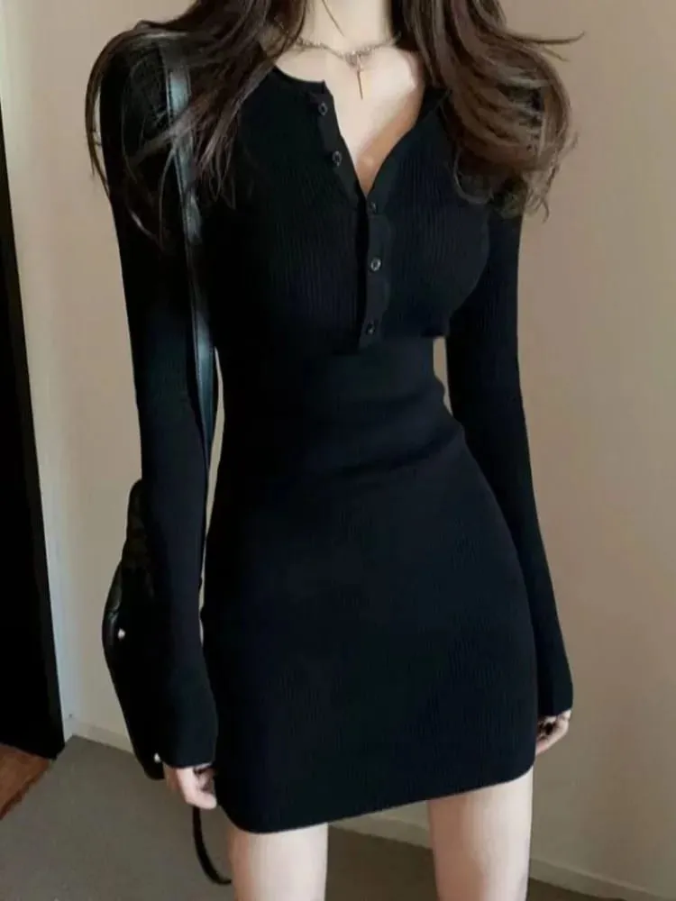 가을 겨울 미니 드레스 여성 브이 넥 버튼 섹시한 스웨터 우아한 Bodycon 드레스 긴 소매 가운 짧은 치마 허리 솔리드 — image 2