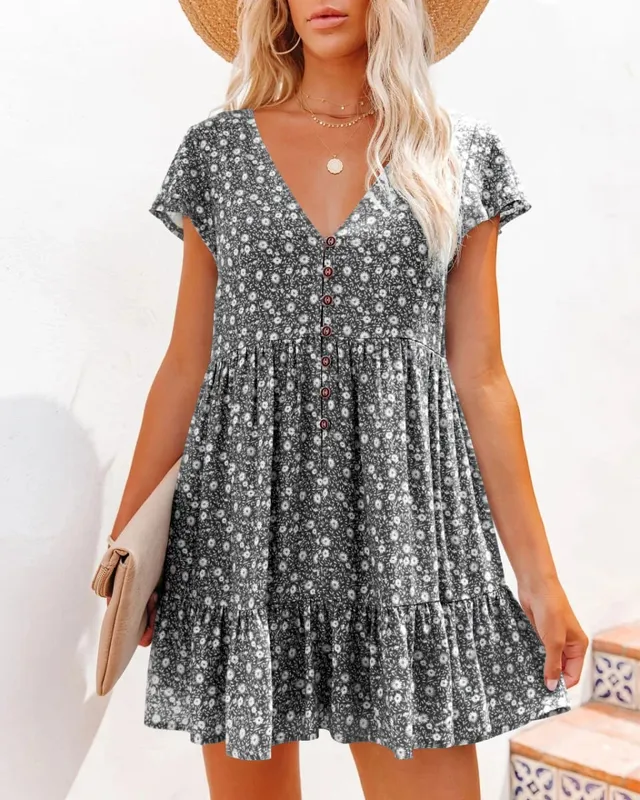 In Europe and the spring and summer independent stand v-neck button small broken flower loose women's leisure dress with short s — image 9