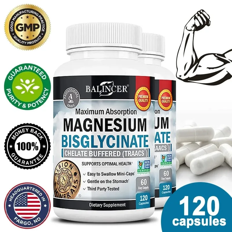 Magnesium Bisglycinate 400 Mg - 120 Vegetarian Capsules - Supports Muscle Joint and Heart Health — image 2