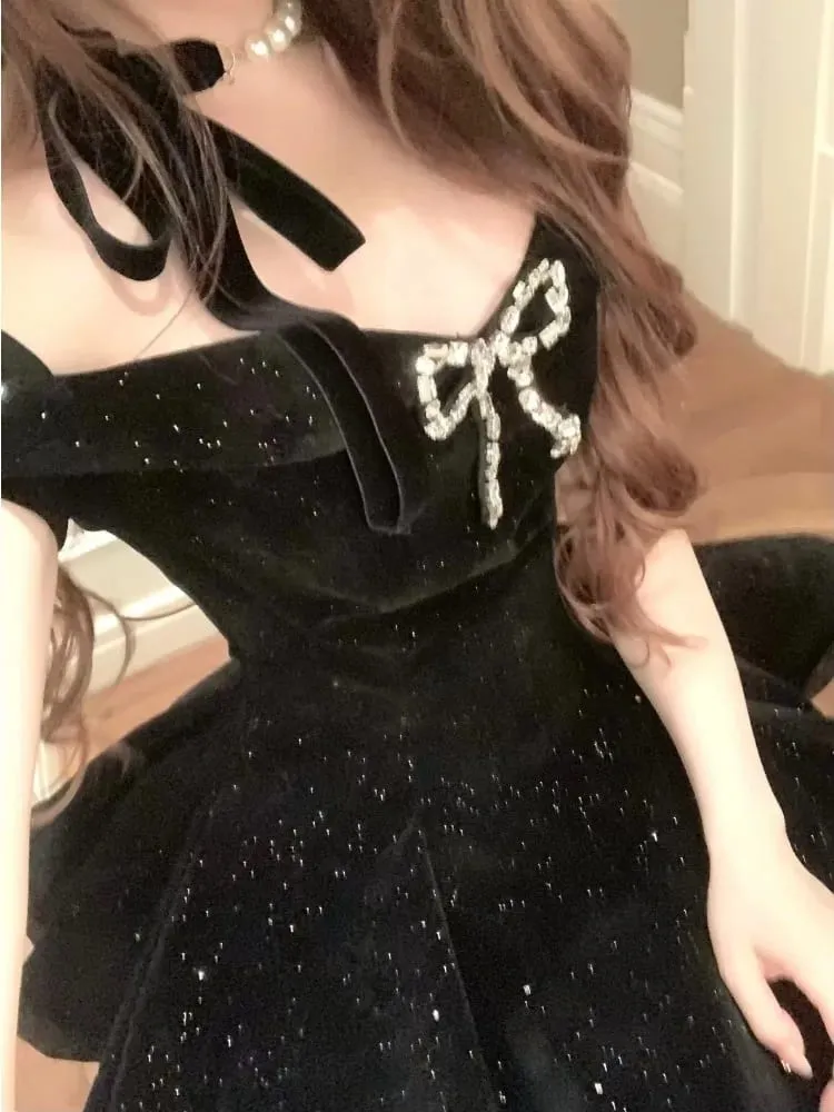 French Black Vintage One Piece Dress Woman Gothic Off Shoulder Bow Short Dresses Female Fairy Birthday Party Chic Outfit 2025 — image 5