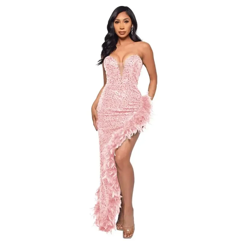 CM.YAYA Women Sequined Strapless Feather High Side Split Strapless Bodycon Midi Maxi Dress Sexy Club Even Party Dresses Vestidos