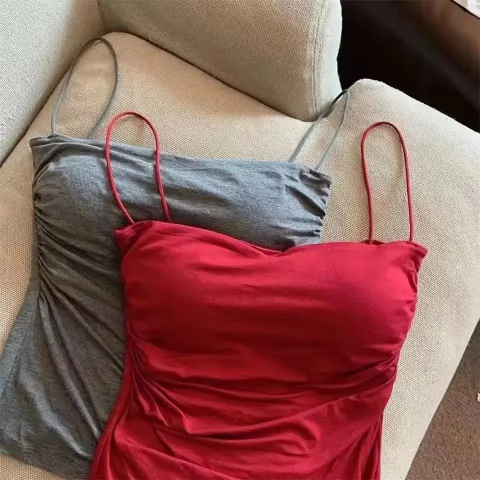 1 Pc Stylish Waist Pleated Corset - Soft support fixed chest pad sleeveless vest Sexy short top with thin straps Solid color — image 5