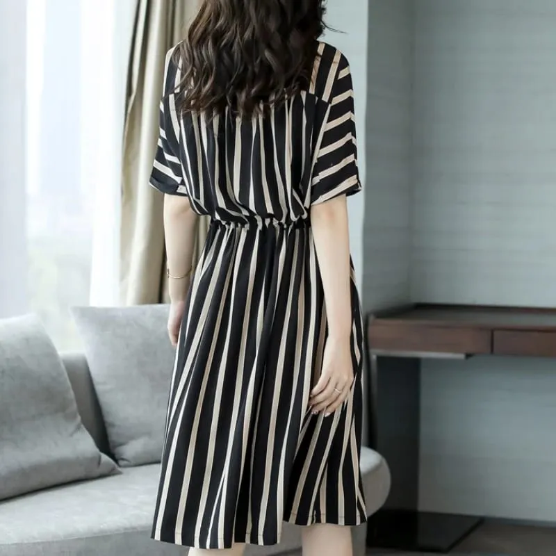 Striped Short-Sleeved Casual Midi Dress Summer Aesthetic Clothes Korean Fashion Casual Office Lady Dresses for Women Vestidos — image 2