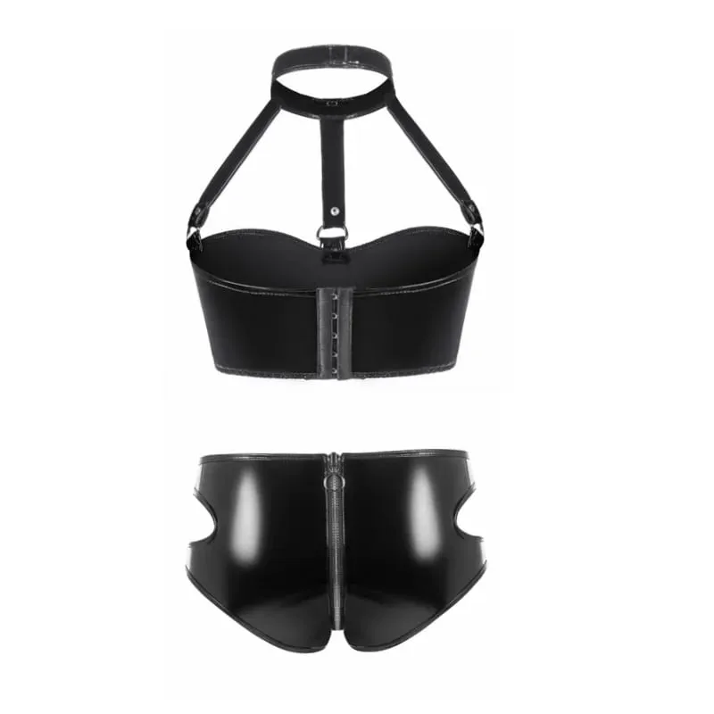 Womens Lingerie Intimates Underwear Set Rave Wet Look Patent Leather Wire-free No Padded Belly Bra Top with Zipper Panty Briefs — image 2
