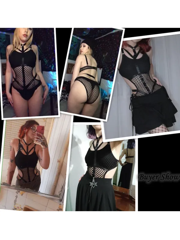 AltGoth Sexy Dark Academia Gothic Bodysuits Nightclub Punk Harajuku Streetwear Hollow Out See Through Jumpsuits Emo Alt Rompers — image 6