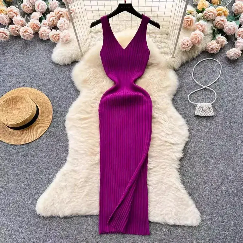 Women V Neck Solid Ribben Knitted Dresses Casual All Match Slimple Sexy Package Hips Bodycon Dress Elegant Vestidos Streetwear — image 2