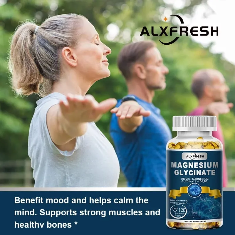 Alxfresh Magnesium Glycinate 500mg Capsule Zinc Vitamin D3 B6 for Muscle Joint Nerve Sleep Quality Anxiety Stress Mood Health
