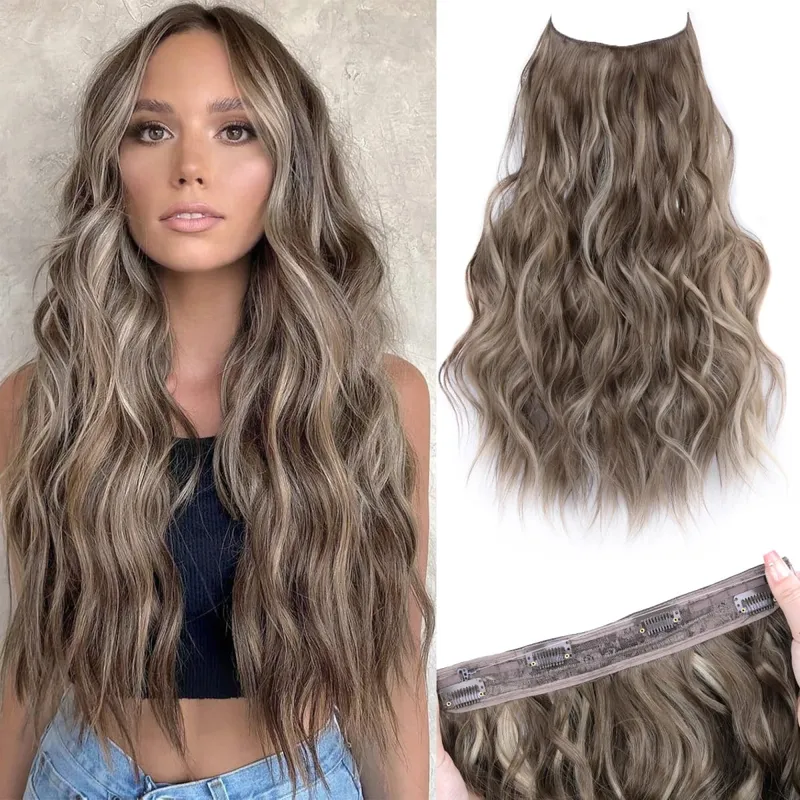 Synthetic 4 Clips Invisible Wire Hair Extensions Long Wavy Natural Fish Line One Piece False Hairpiece Hair Extension For Women