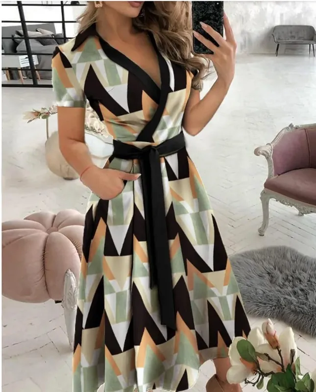 Rainbow Striped Print Summer Dress 2023 Women Button Up Short Sleeve Casual Vintage Shirt Long Dress Ladies Elegant Maxi Dresses — image 1