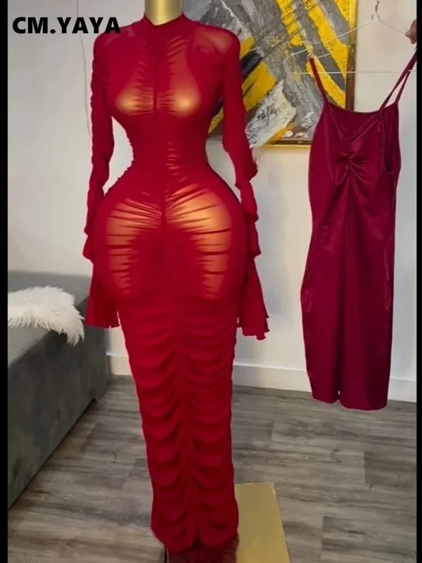 CM.YAYA Women Flare Long Sleeve Stacked Ruched Mesh See Though with Tank Dress Maxi Long Dress 2025 Birthday Sexy Party Dresses