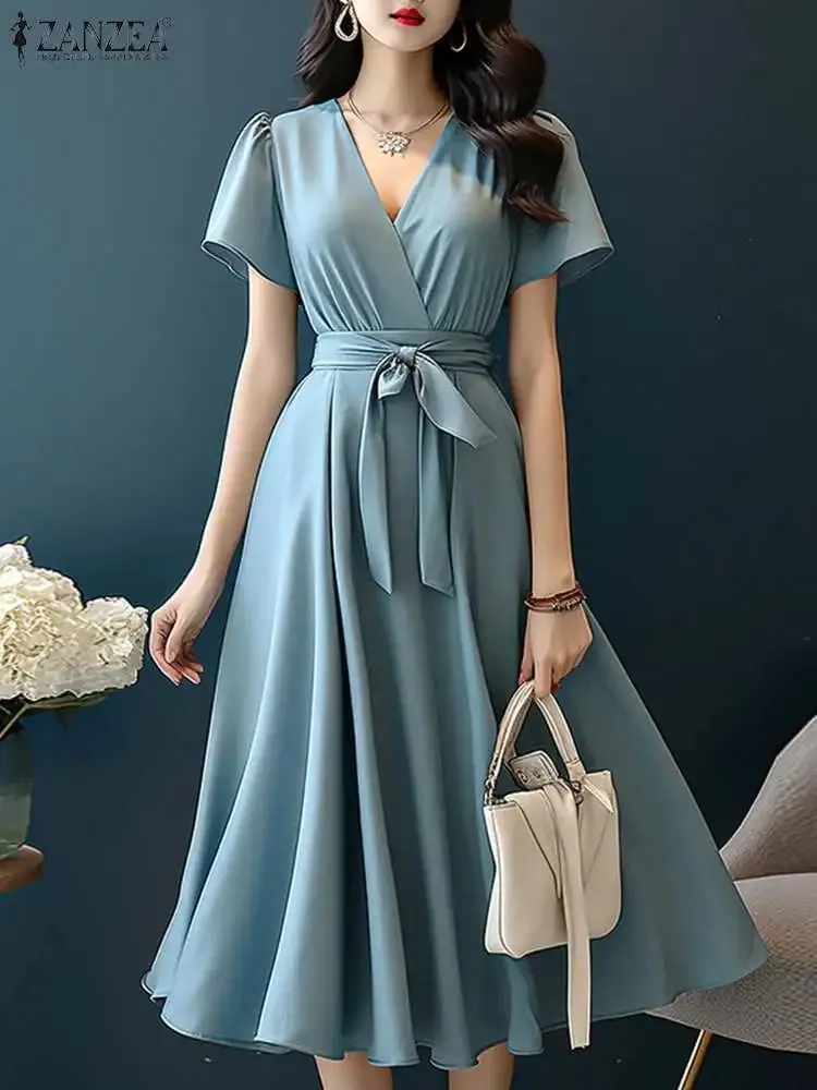 2024 Elegant Short Sleeve A-line Dresses Women Fashion Solid Color Holiday Belted Vestidos Casual V Neck Midi Sundress — image 1