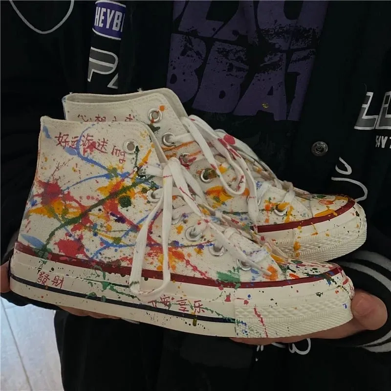 Colorful Graffiti Men Canvas Shoes Spring Fall Male Sneakers Shoes Ins Unisex Punk Street Style Man Boys High Top Canvas Shoes