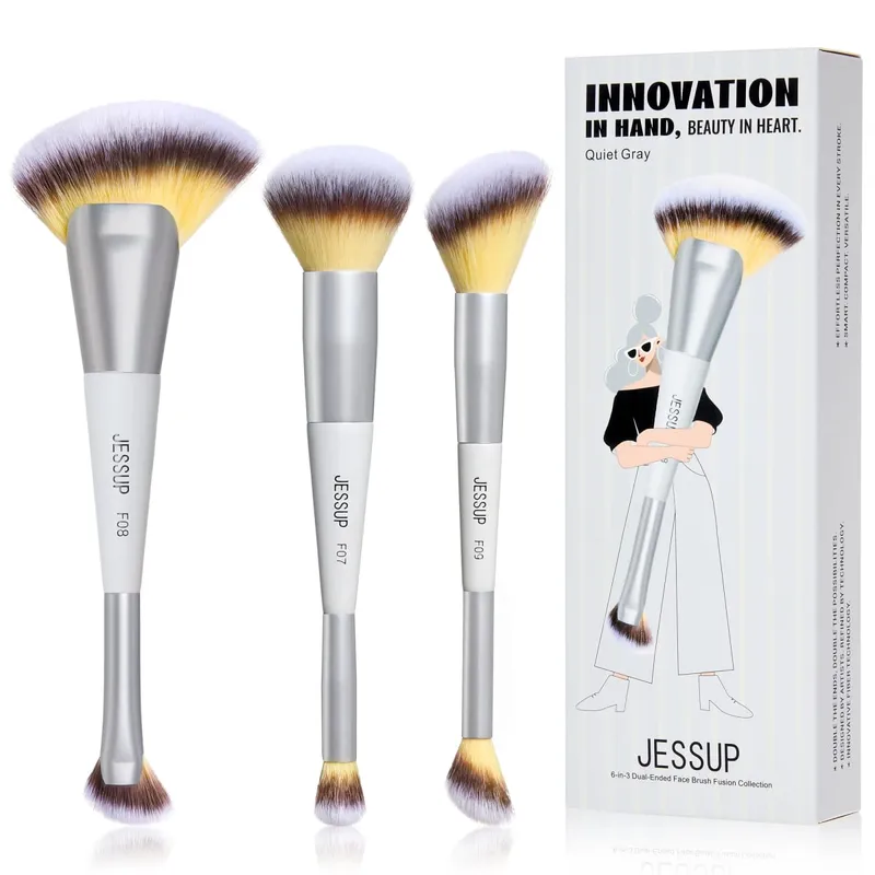 Berus Mekap Jessup Set 3/7pcs Dwi Berakhir Sintetik Pemerah Pipi Serlahan Campuran Berus Kening dengan Beg Tenang Kelabu T520