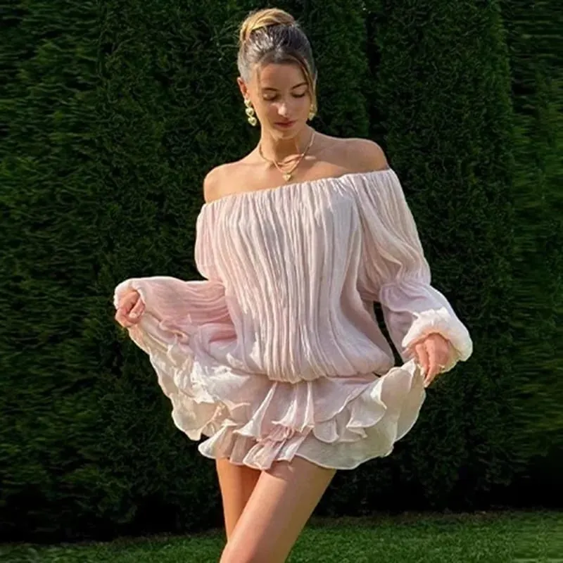 Vstupenkyx Letní lesklé Úzké plisované minišaty na jedno rameno Elegantní jednobarevné nařasené dlouhé rukávy Vestidos Dámské společenské večerní šaty — image 2