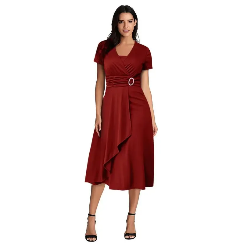 Elegant Women Solid Color Short Sleeve V Neck Asymmetric Hem Waist Tight Midi Party Dress Ladies Evening Vestidos DF4916 — image 9