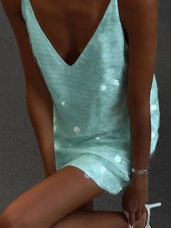 Sexy Women Sequin Lace Trim Mini Dress Chic V-neck Sleeveless High Waist Mini Sling Dresses Daily Summer Lady Vacation Robe New
