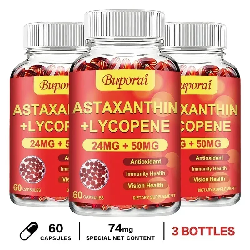 Astaxanthin + Lycopene Capsules - Supports Eye Joint and Skin Health Improves Immunity Speeds Up Metabolism Non-GMO