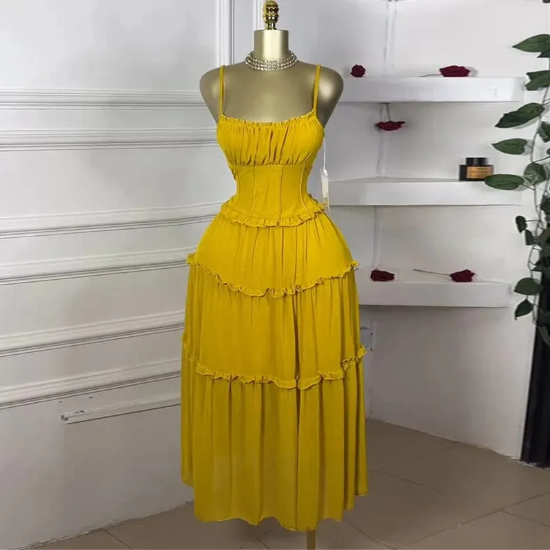 Women Strap Sleeveless Ruffles A-line Midi Maxi Long Dress 2025 Summer Beach Holiday Vacation Vestidos Dresses
