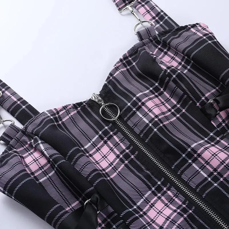 Goth Chic Y2K Blue Plaid Print Mini Dress with Side Tie Center Zipper A-Line Slip Bustier Sleeveless Dress for Women Fashion — image 6
