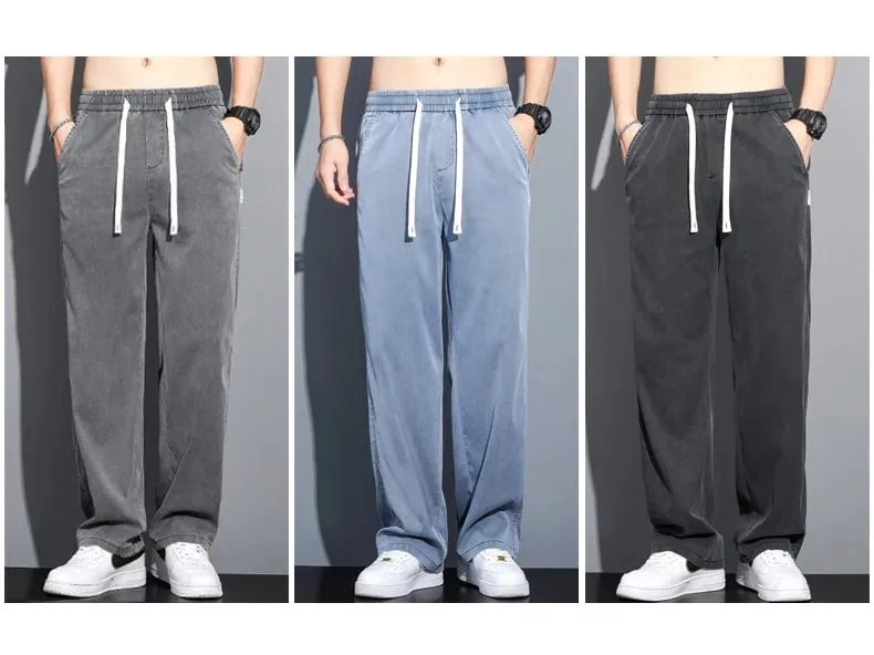 S-5XL 6Style Men's Loose Jeans Summer Soft Lyocell Thin Fabric Straight Pants Drawstring Elastic Waist Korea Casual Trousers Y2K