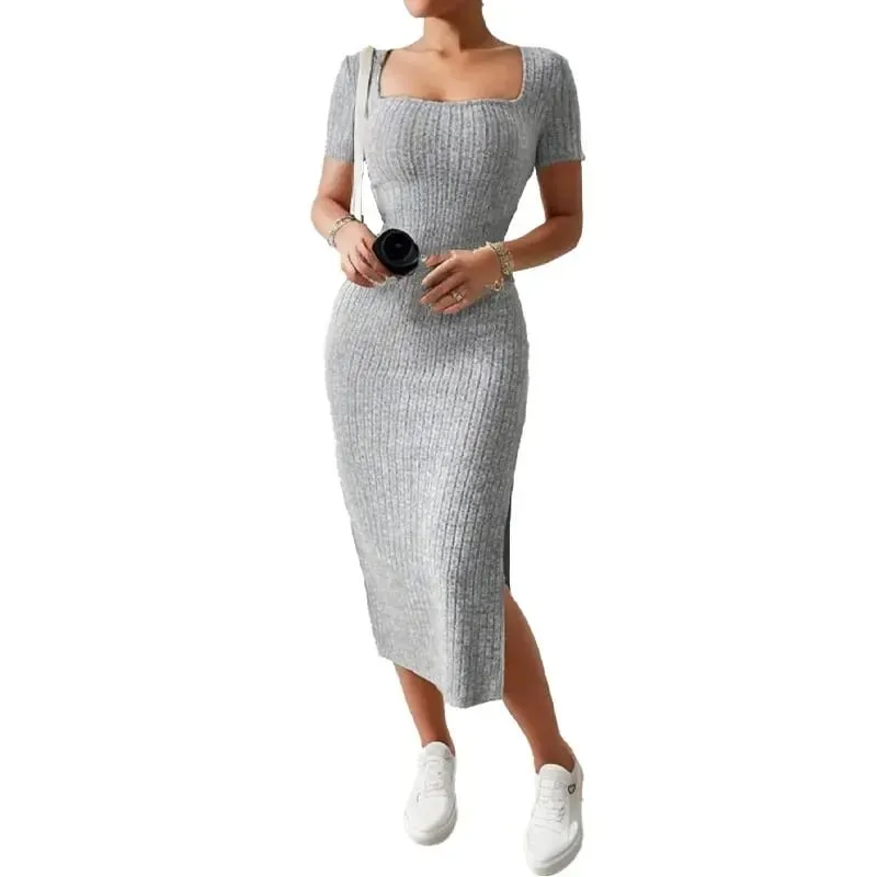 Summer Square Neck Hip-Hugging Mid-Length Skirt Short-Sleeved Versatile Knitted Slit Dress — image 2