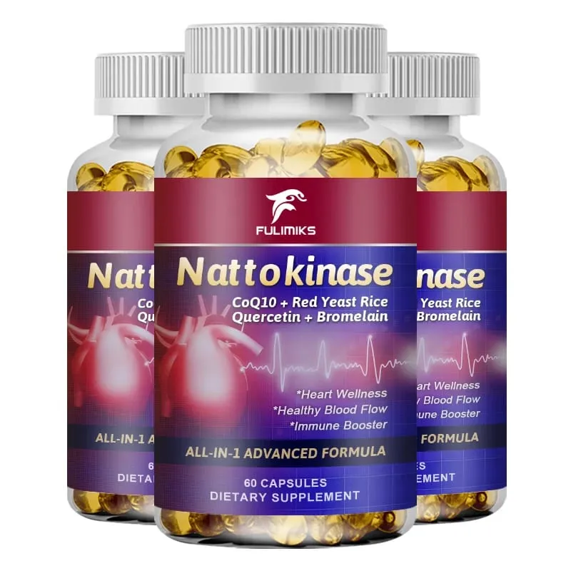Nattokinase Capsules 10 100MG with CoQ10 + Red Yeast Rice Quercetin + Bromelain -Immune Booster