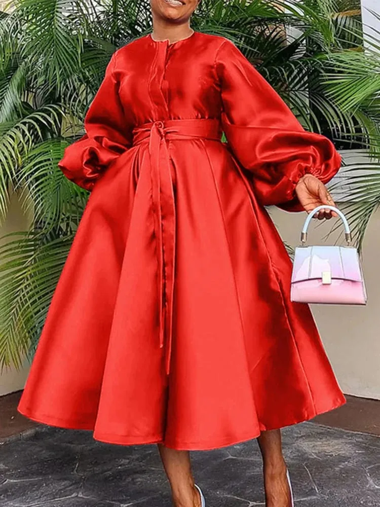 Satin Puff Sleeve Evening Dress for Women Pleated A-Line Round Neck Elegant Party Club Casual Solid Midi Dress with Belt 2025 — image 7