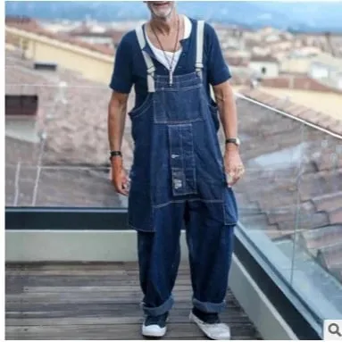 Streetwear Men Solid Color Multi Pockets Denim Overalls Loose Casual Washed Jumpsuit 2024 Male Suspenders Jeans Cargo Trousers — image 3