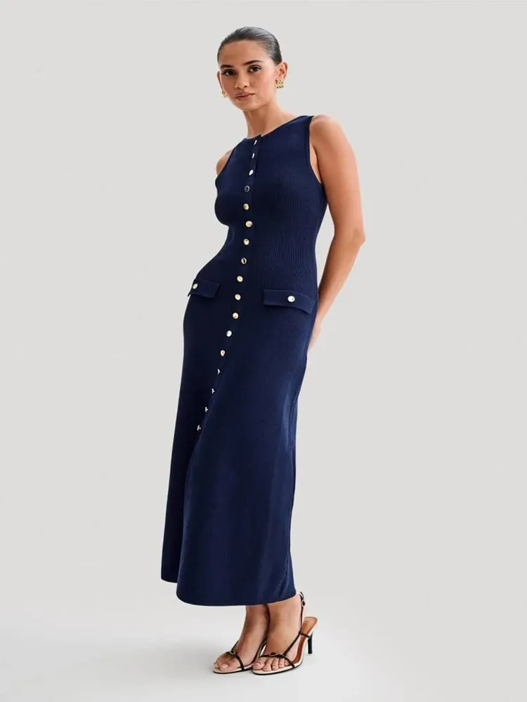 2024 Summer Elegant Lady Knitted Single Breasted Long Dresses Women Solid Sleeveless O Neck Button Bodycon Party Female Vestidos — image 3