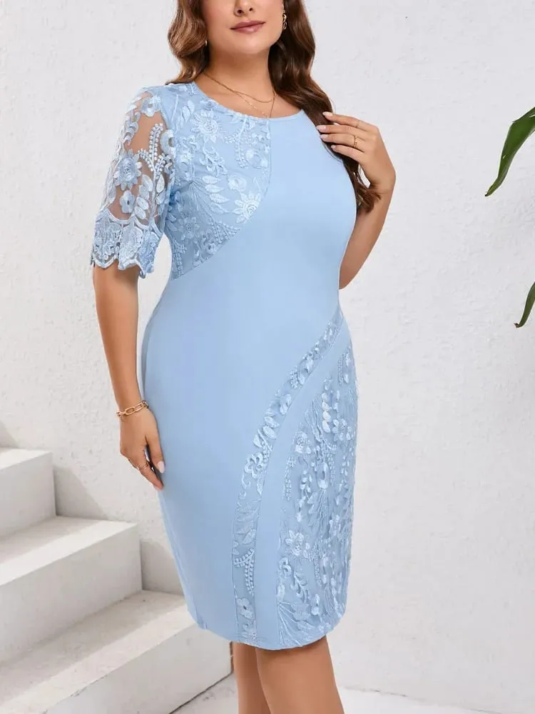 Plus Size Embroidered Lace Half Sleeve O-Neck Dress Women's Summer Autumn Cocktail Party Elegant Bodycon Midi Dresses — image 4