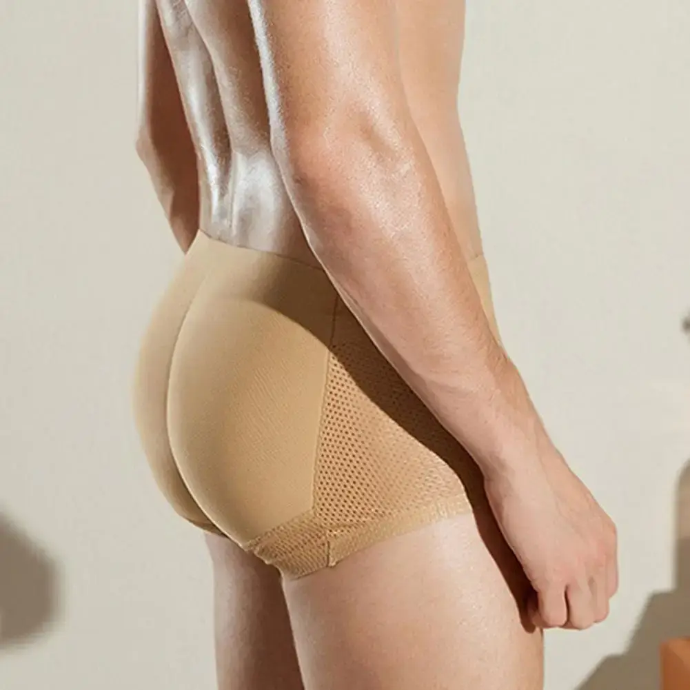 Men Underpants Butt Lifted See-through Hollow Out Breathable Thick Fake Butt High Elastic Solid Color Men Boxers Underwear — image 4