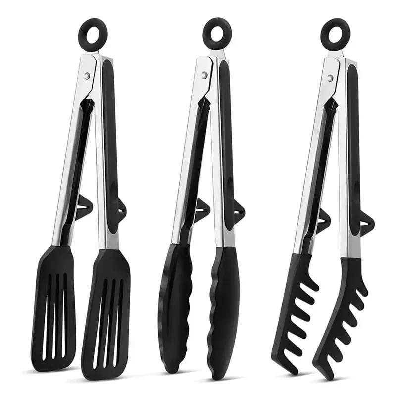 3pcs Silicone Kitchen Cooking Tongs Set Stainless Steel Nonstick Food Tongs Non-Slip Cooking Clip Clamp BBQ Salad Grill Tools